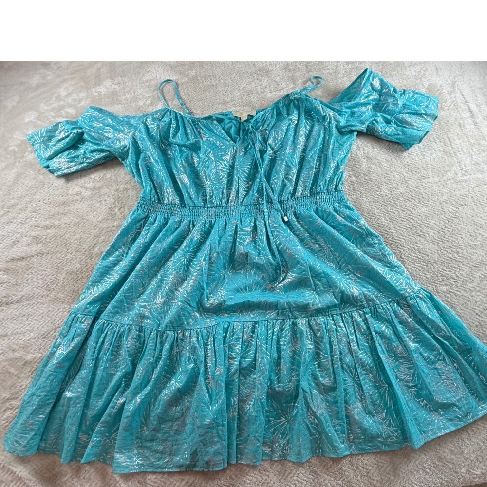 Michael Kors Turquoise Metallic Silver Palm Cold Shoulder Smocked Dress 2X - Picture 2 of 10